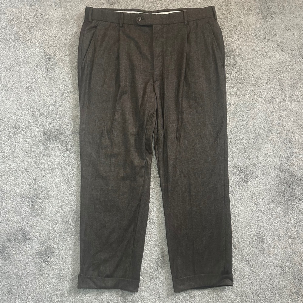 Belvest Dress Pants Mens Fit 36x28.5 Brown Glen Plaid Wool Pleated Cuffed